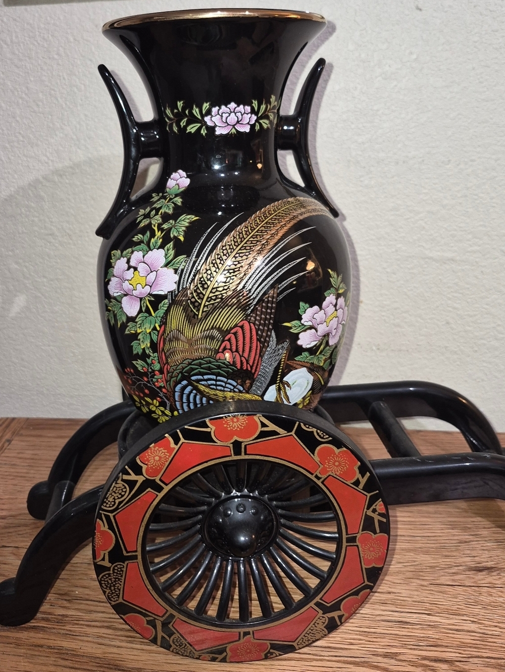 Japanese Porcelain Vase W/ Black Glaze & Gold painted detail,  Wheelbarrow Stand